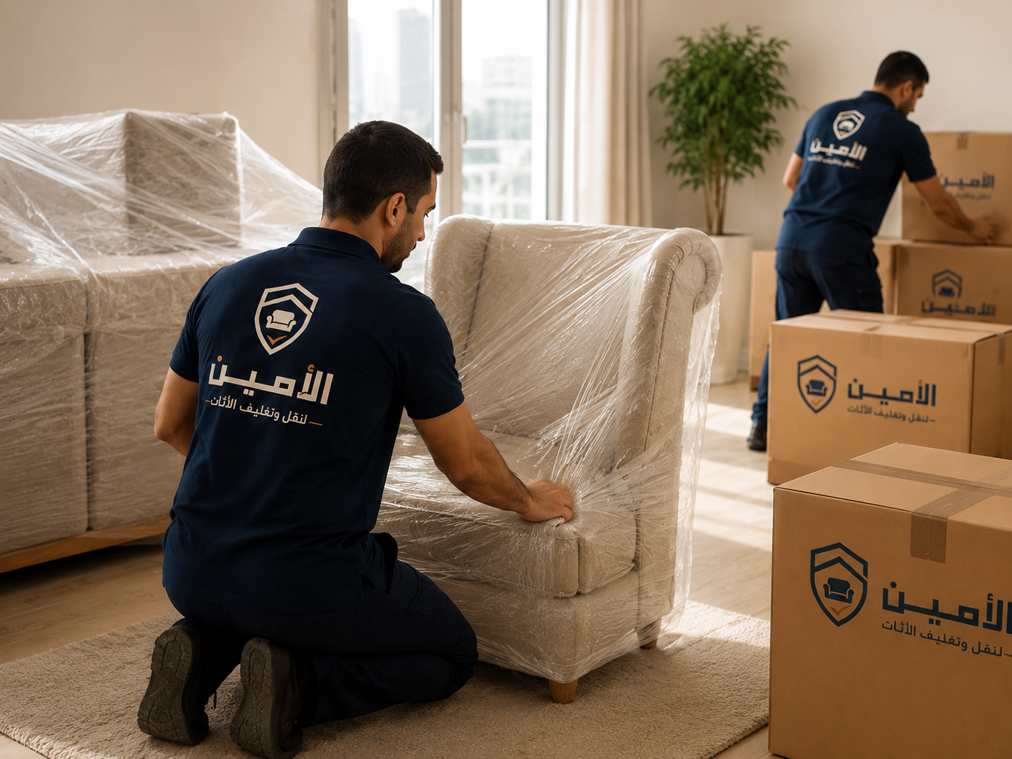 فريق الأمين أثناء تغليف وحماية الأثاث قبل النقل
